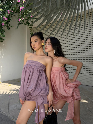 越南代购 Doublebizz正品 法式浪漫蝴蝶结蓬蓬褶皱抹胸连衣裙