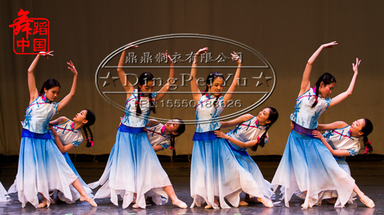 岁月如歌舞蹈儿童表演服舞台表演群现代戏舞台剧演出服饰蓝色长裙