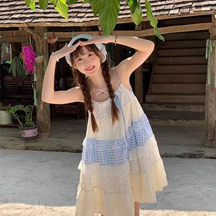 新款 甜美夏季 复古明艳系裙子碎花拼接格子吊带裙2025蕾丝连衣裙女