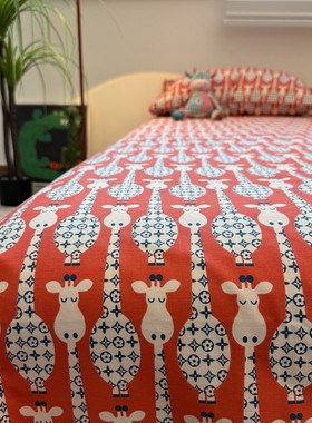 卡通可爱红色长颈鹿1.5米1.8m床单单件炕单床笠床罩床垫保护套0.9