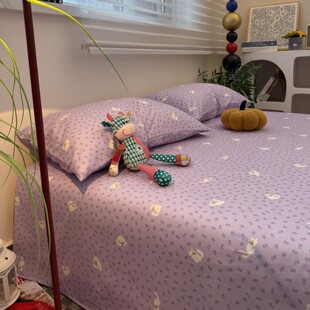 紫色卡通猫腻小清新纯棉床单单件100全棉1.5米被单床笠床垫保护罩