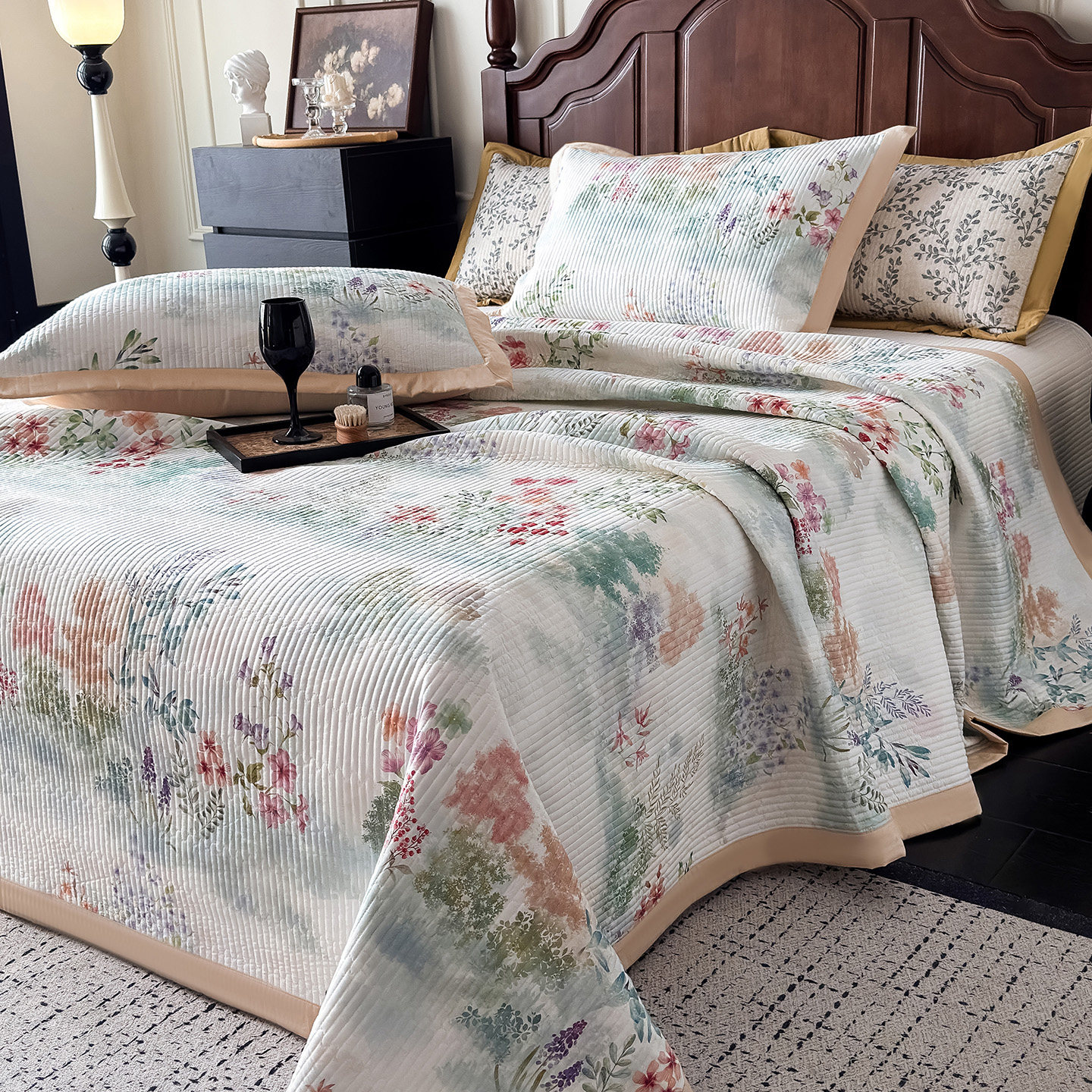 法式田园风花卉全棉床盖三件套纯棉炕盖绗缝防滑榻榻米床单可机洗,床上用品,床盖,淘宝优惠券,粉丝福利购,淘宝优惠卷