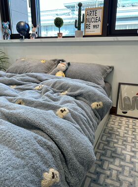 ins2023冬泰迪绒保暖四件套可爱毛巾绣牛奶绒双面绒被套学生宿舍