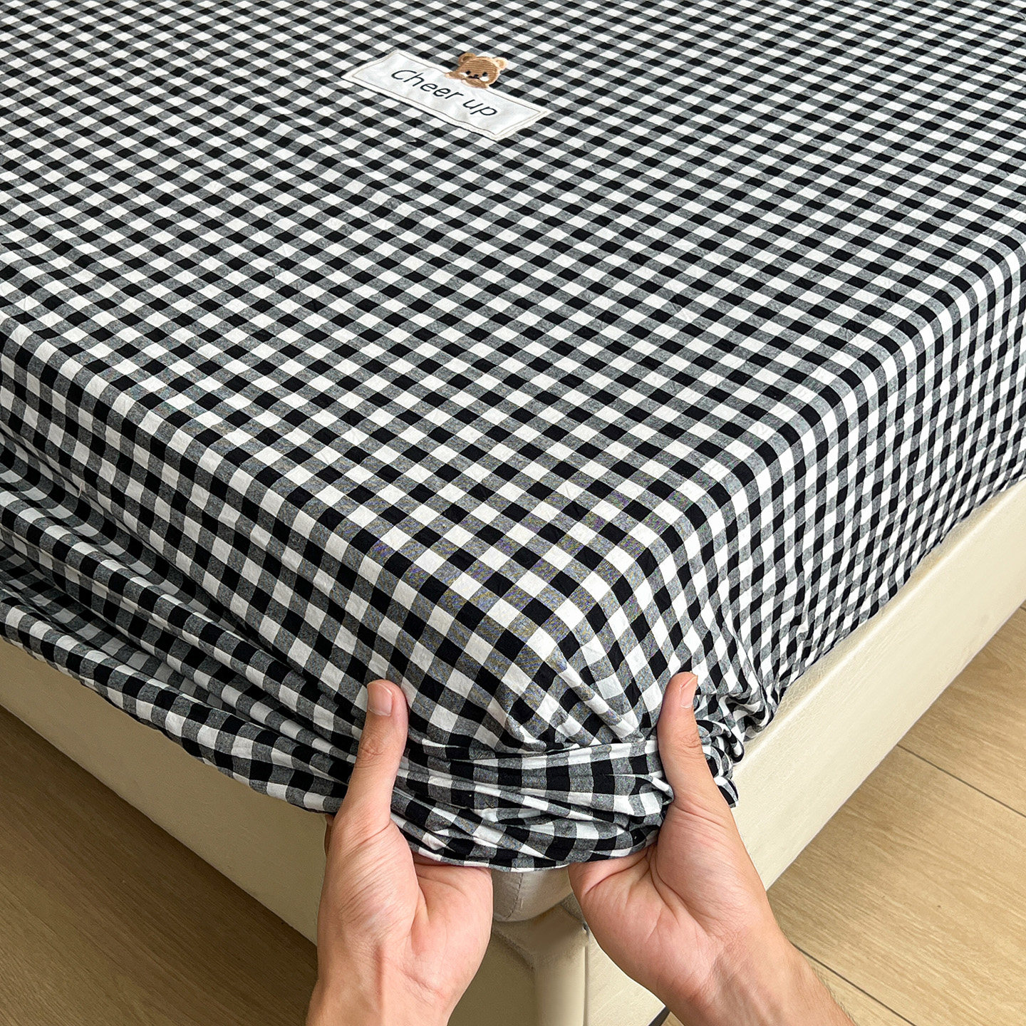 简约日式黑白格全棉水洗棉床笠单件单品床套1.2/1.5/1.8m加高床罩