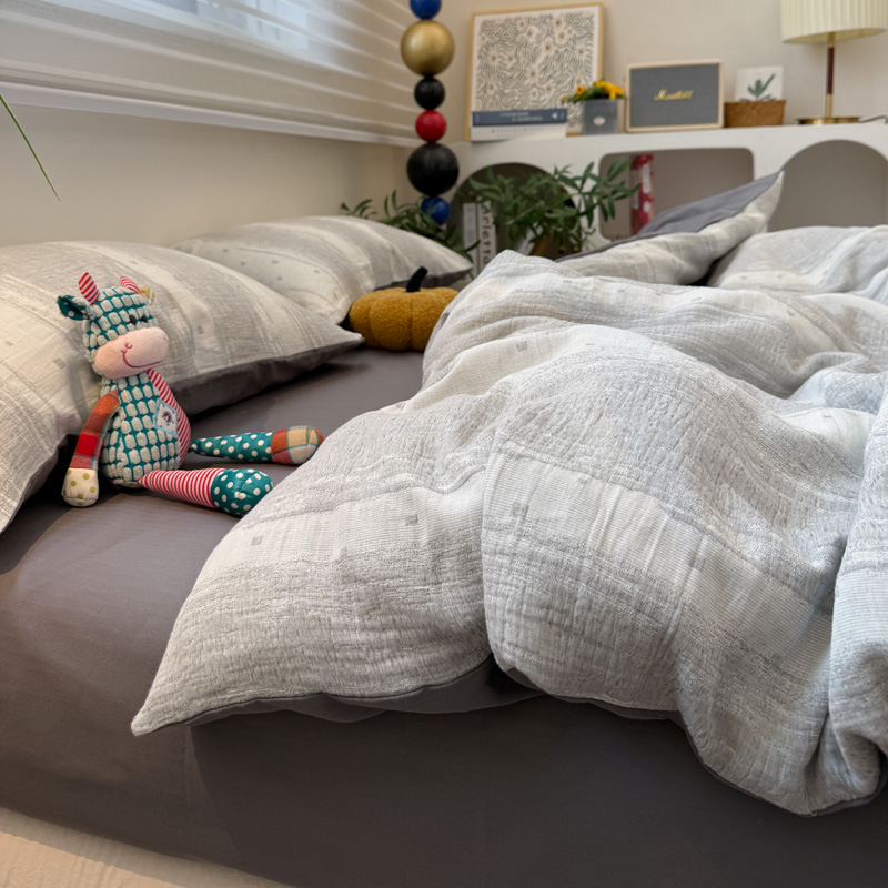 简约日式三层纱色织提花床上四件套全棉1.5m1.8公寓被套床单床品