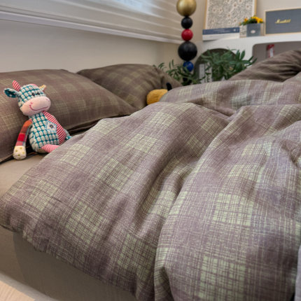 A类母婴级简约风双层纱北欧格子纯棉四件套1.5m1.8米全棉裸睡床品