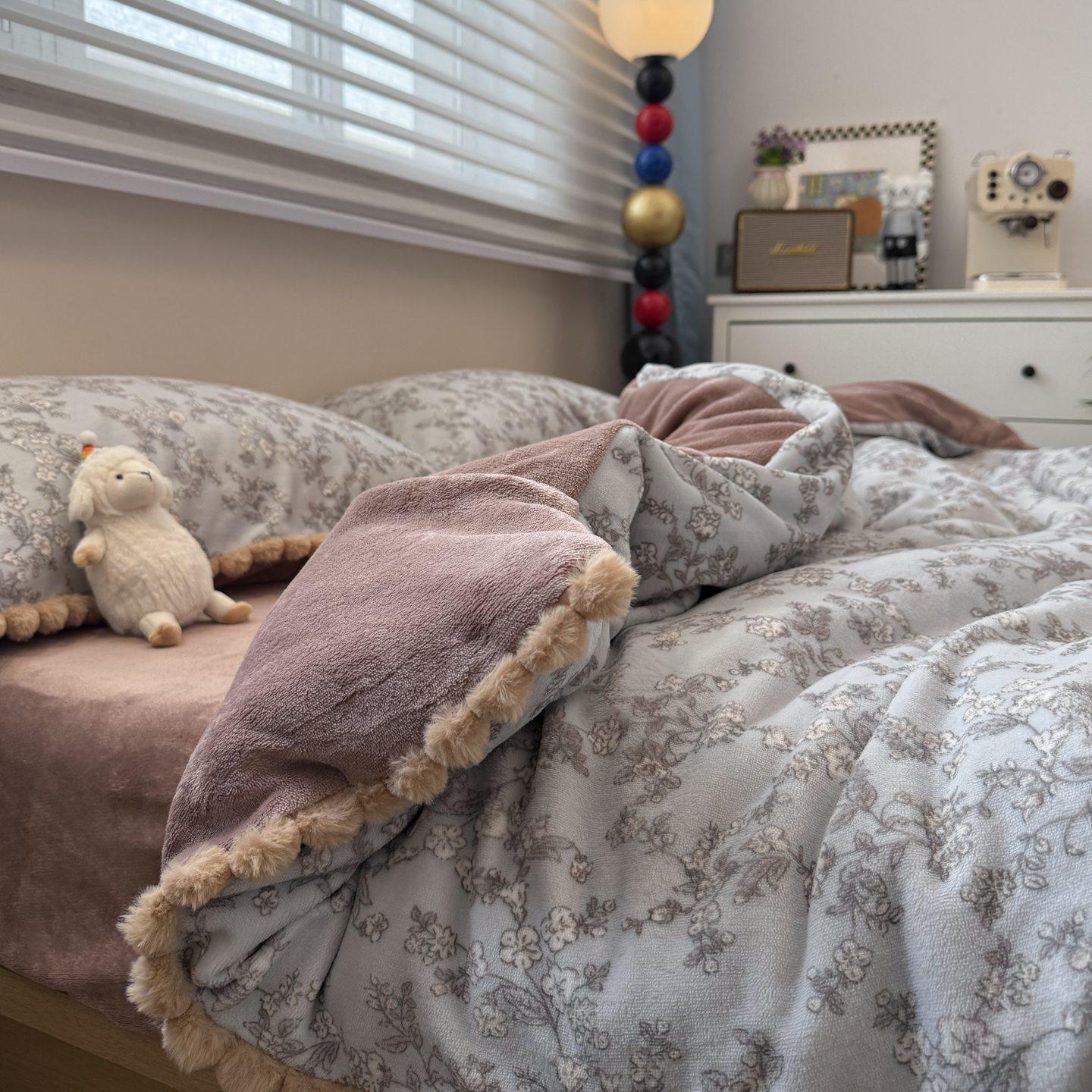 法式田园碎花秋冬季加厚毛球花边牛奶绒四件套珊瑚绒1.5m双人床品