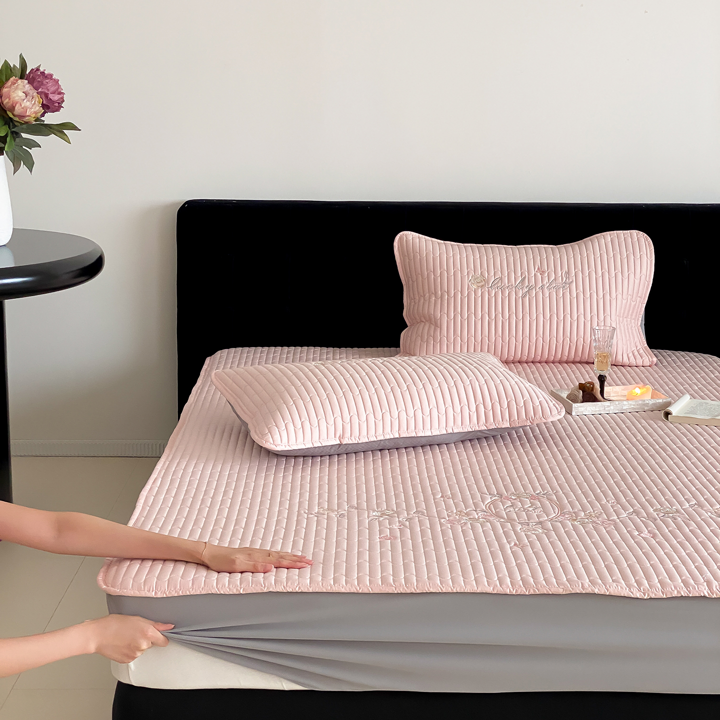 高级感全棉50支双股卡通刺绣夹棉款床笠三件套纯棉床垫保护罩1.5m