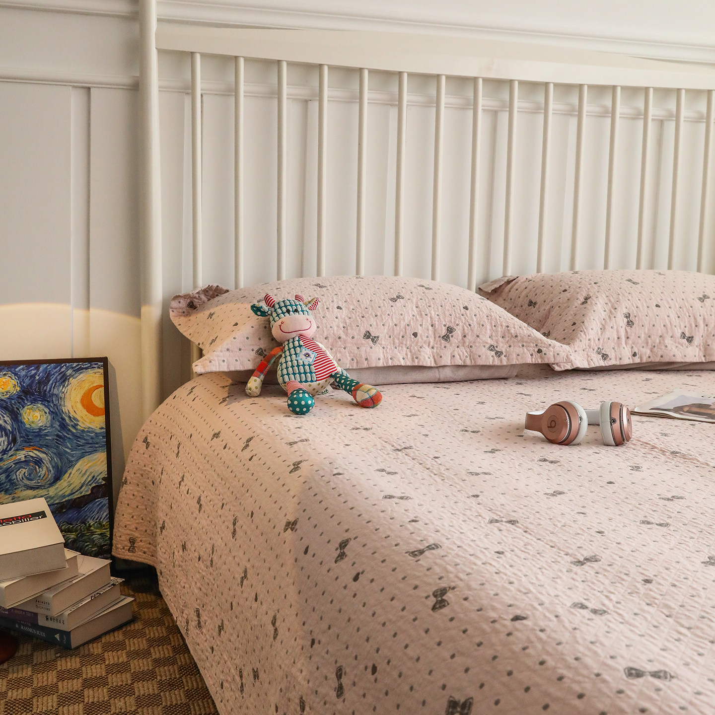 少女心蝴蝶结全棉四层纱布床盖三件套加厚纯棉色织提花床单不起皱,床上用品,床盖,淘宝优惠券,粉丝福利购,淘宝优惠卷