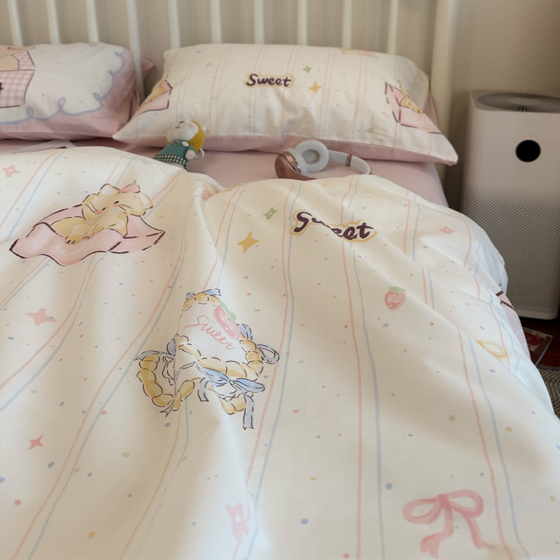 卡通女孩纸盒猫咪小清新纯棉全棉四件套被套1.5m床单人三件套床品