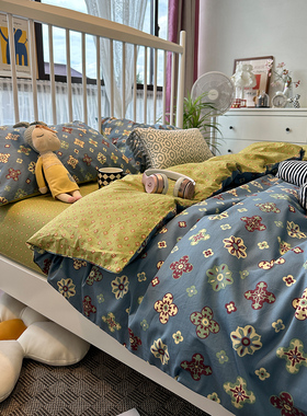 纯棉ins欧美式蓝色花纹图案公寓三件套单双人1.8m1.5米全棉四件套