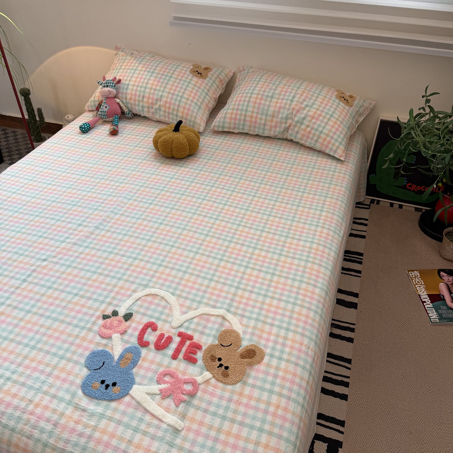 格子毛巾绣卡通全棉水洗棉床单床笠单件纯棉席梦思保护罩单人0.9m