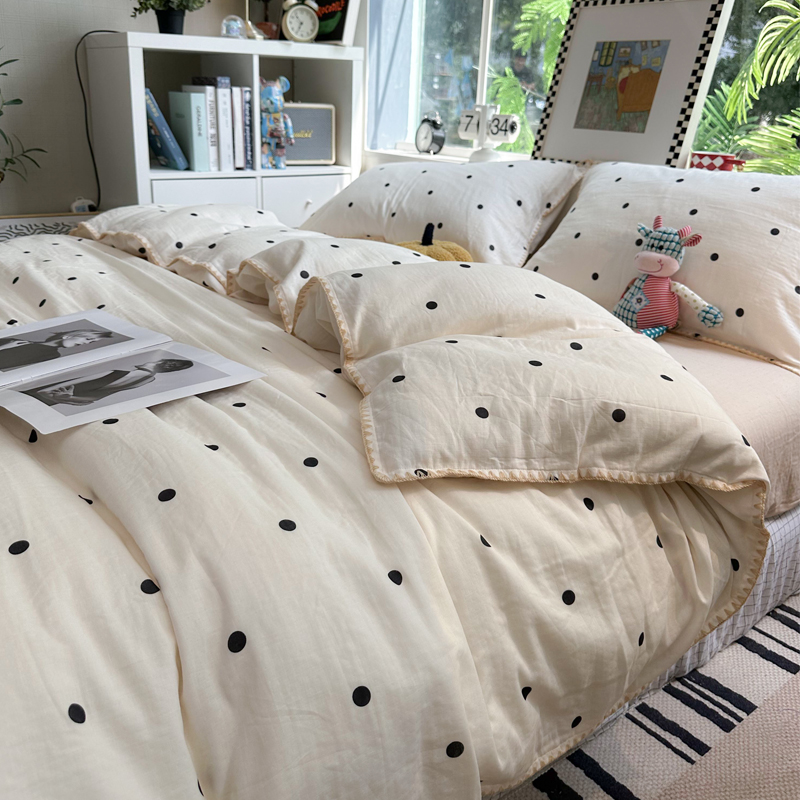 简约风波点北欧纯棉全棉床上四件套双层纱单双人床笠床单被套1.8m