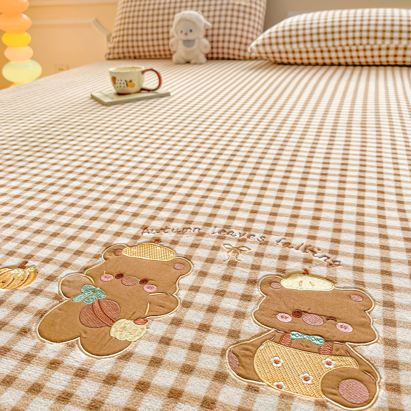 格子毛巾绣牛奶绒床笠单件秋冬加厚珊瑚绒法兰绒床垫防滑保护套