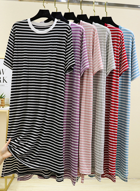 莫代尔黑白条纹长裙女夏季圆领大码a字裙短袖开叉家居裙薄款睡裙