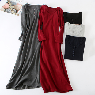 修身 2018秋季 连衣裙女士五粒扣圆领长袖 全棉罗纹长款 显瘦裙子 新款