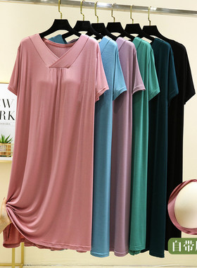 莫代尔V领睡裙女夏季大码连衣裙宽松a字裙带胸垫睡衣裙短袖大摆裙