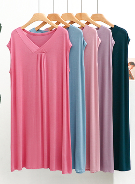 莫代尔睡裙V领连衣裙薄款夏季女大码宽松可外穿无袖打底裙A字中裙