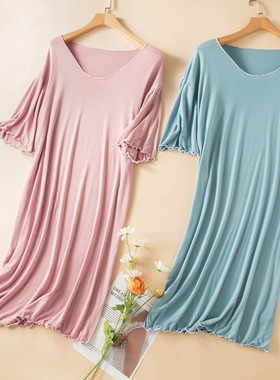 莫代尔连衣裙女夏宽松a字裙薄款纯色圆领睡裙可外穿大码花边长裙