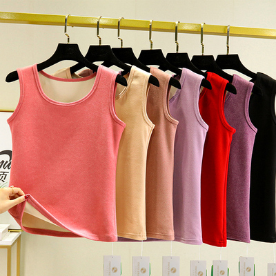 德绒吊带背心女秋冬加绒加厚圆领无痕保暖内搭大码宽松打底衫上衣