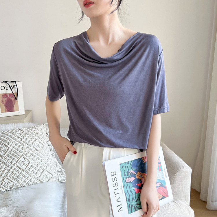 设计感小众堆堆领莫代尔短袖T恤女2023夏季新款薄款宽松显瘦上衣