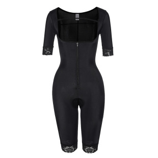 拉链连体塑身衣女中袖ful body shaper外贸大码蕾丝shapewear