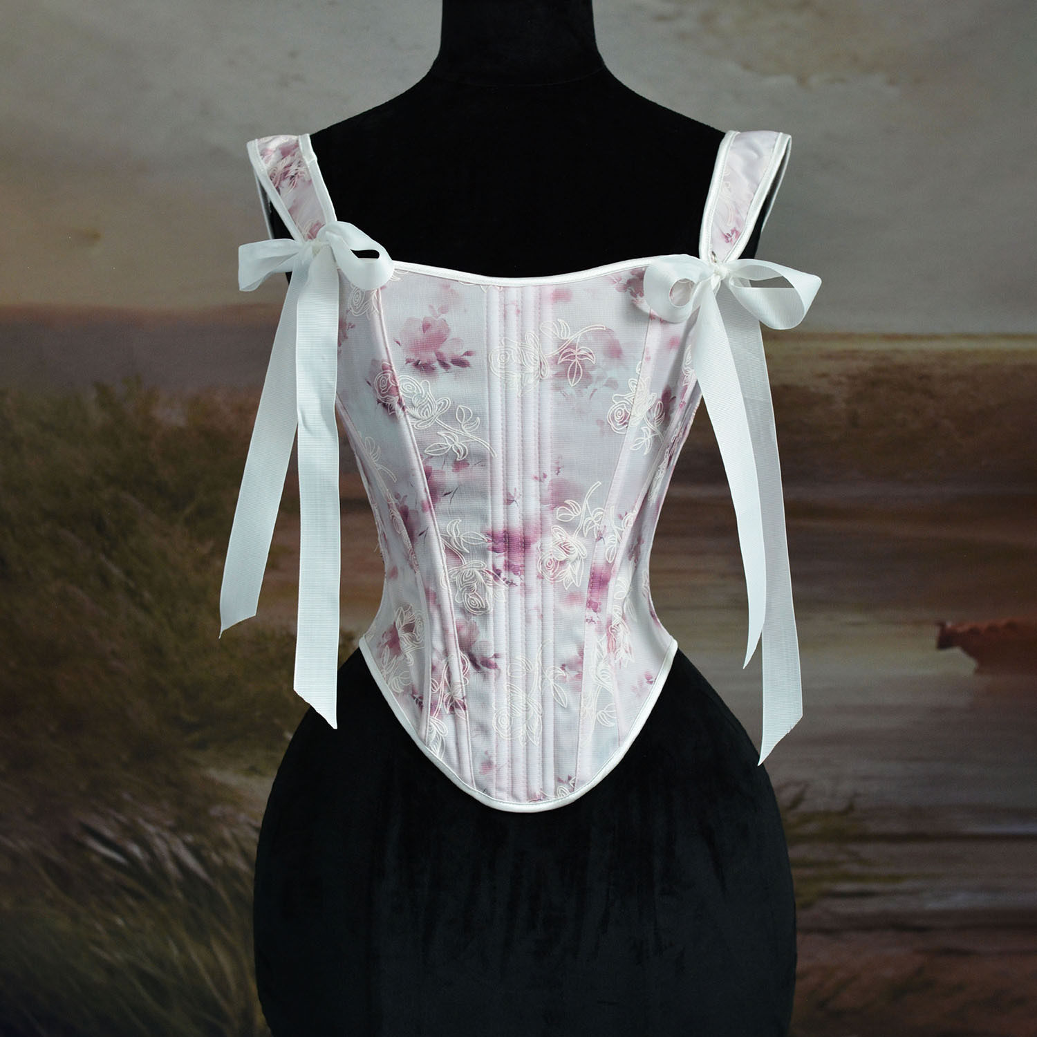 2025新款爆款小清新粉色花杂鱼骨塑身上衣后绑带蕾丝粉色3038