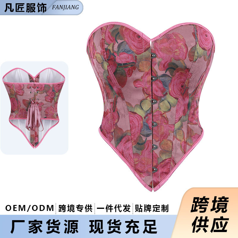 女士新款宫廷小众corset紧身胸衣油画花朵印花身抹胸外穿塑身衣