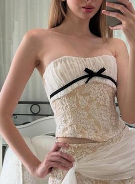 法式甜辣外贸纯欲风拼接蕾丝刺绣性感显鱼骨露脐背心71340