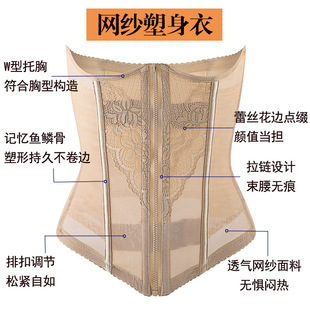 新款蕾丝收腹带W型托胸透气网纱强效束腰排扣拉链式塑身衣沙漏腰