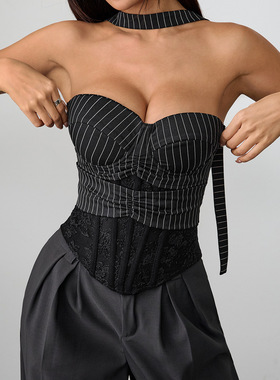 2025夏季新品办公室通勤风条纹拼接蕾丝款显露背抹胸上衣71126