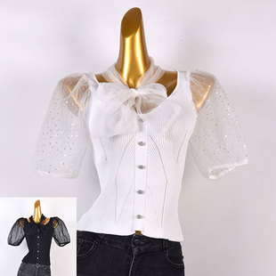 设计感小众网纱拼接泡泡袖靓妹女洋气针织衫甜美水滴领别致上衣女