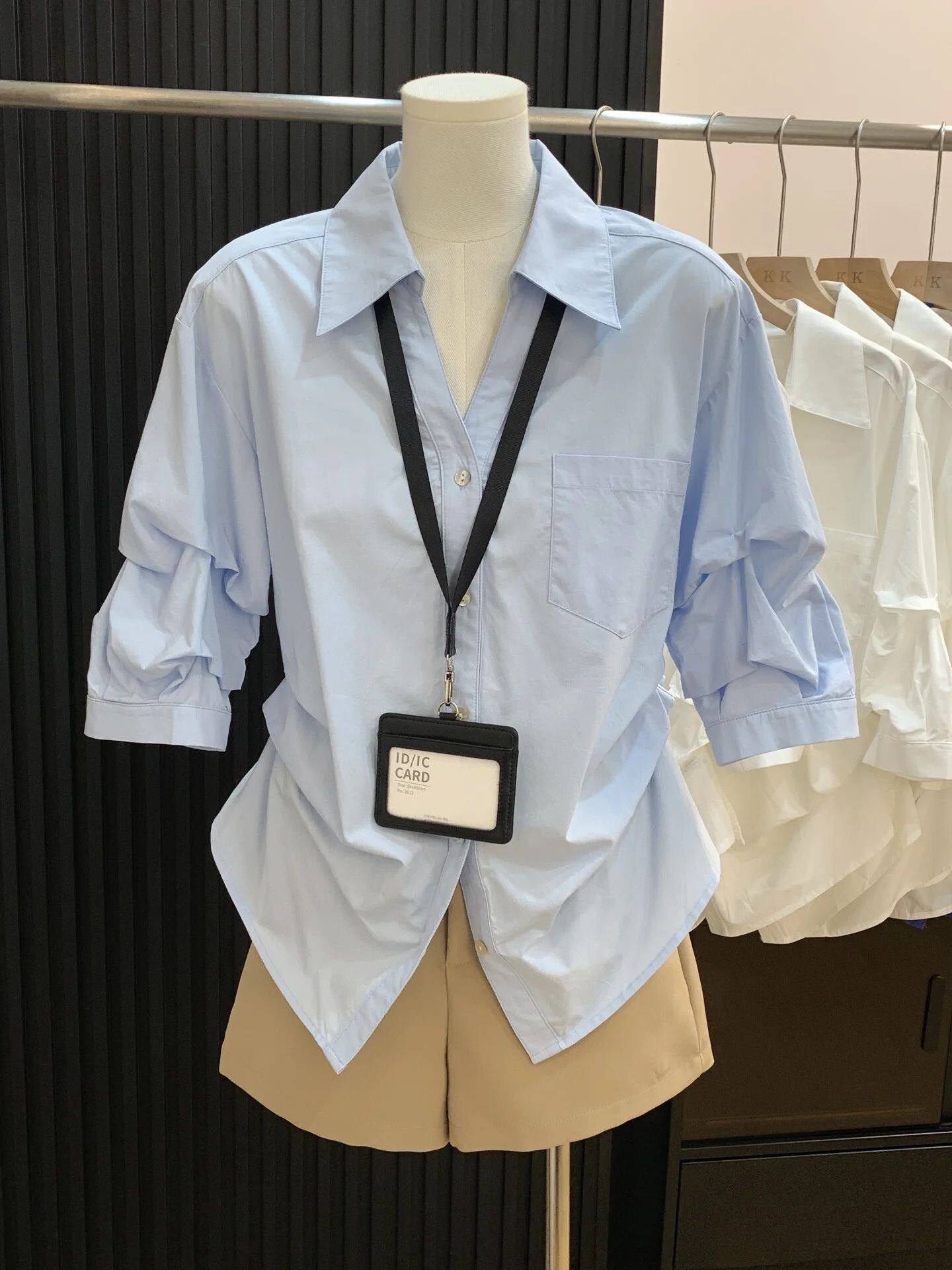 女士t恤V领克莱因蓝polo衫t恤女白色长袖收腰显瘦上衣大码女装