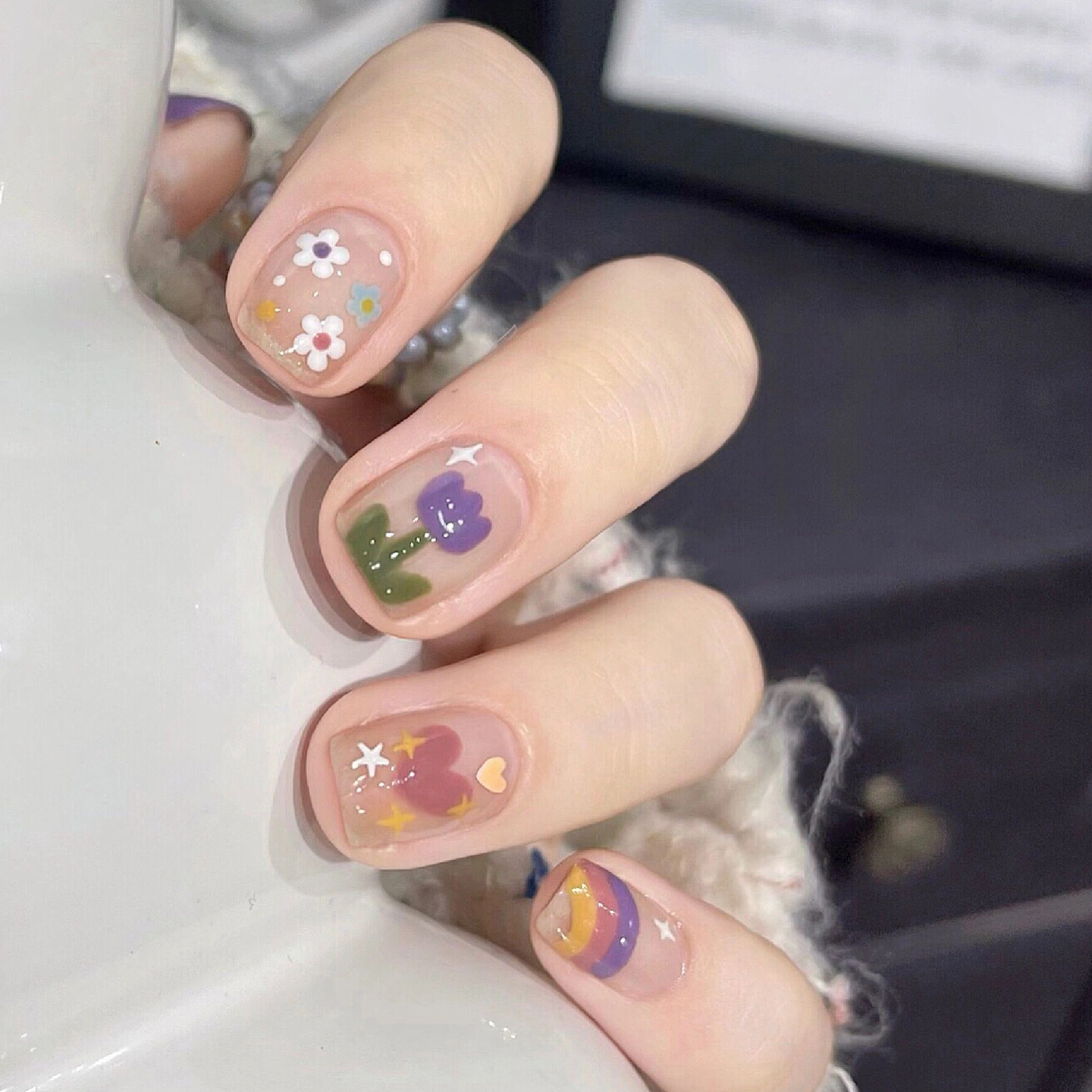 承包你一整夏的彩虹丨多巴胺梦幻手绘彩虹美甲纯手工穿戴甲成品