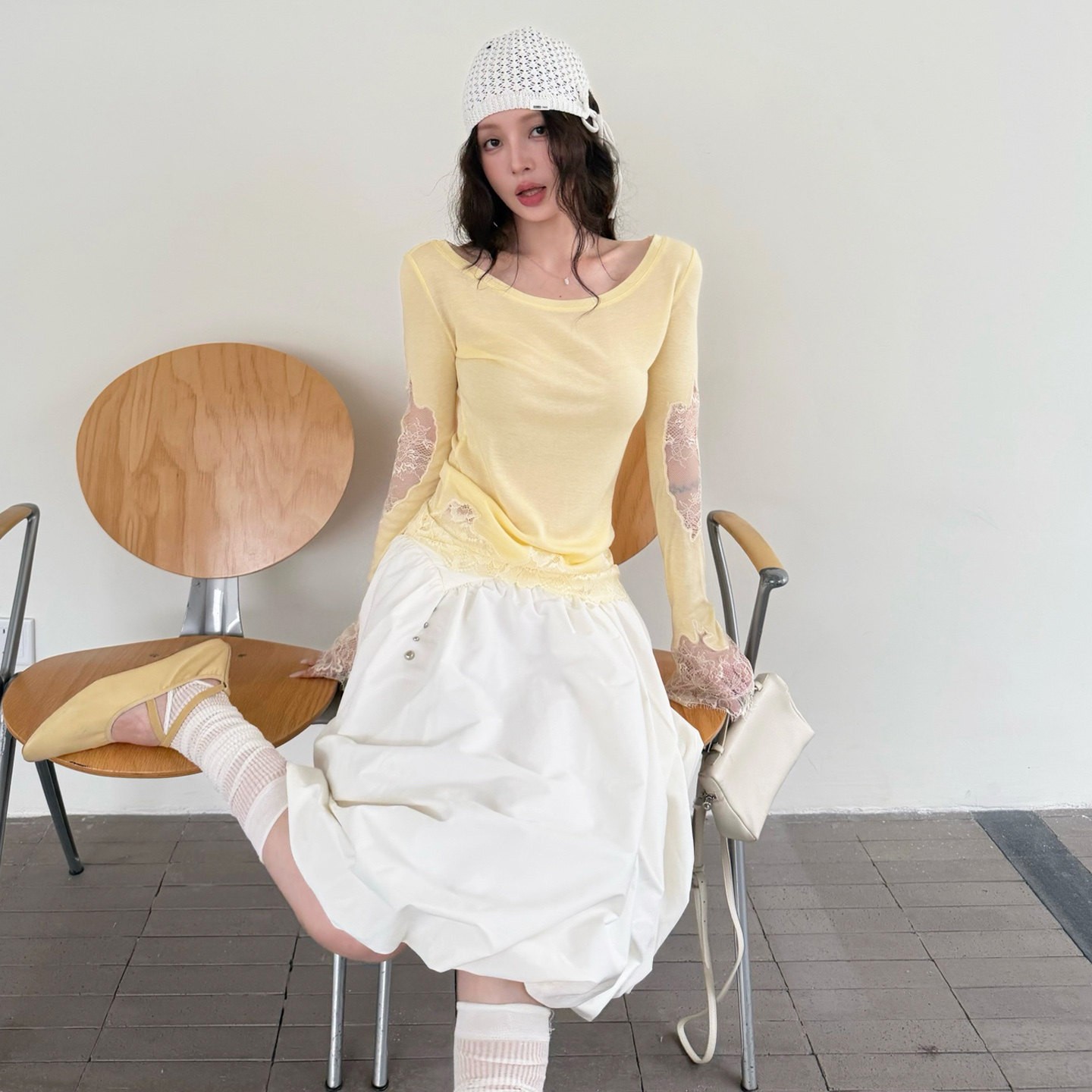 镂空蕾丝撞色拼接长袖T恤女