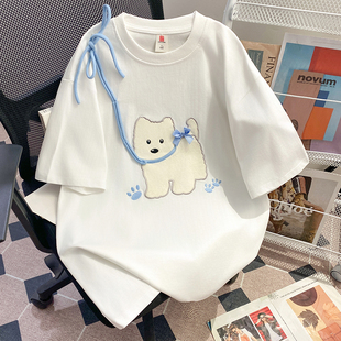 刺绣贴绒布t恤女 拍 整件针线19支纯棉220克 领索罗纳 包边拉肩