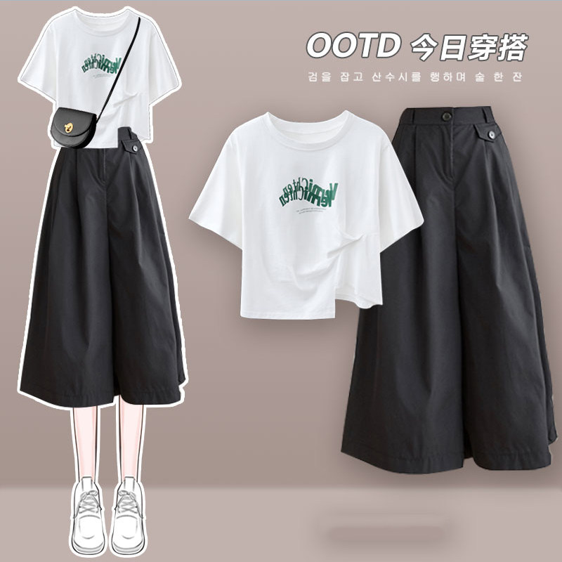 小清新七分阔腿裤套装女夏季新款微胖显瘦小个子高级感裤裙两件套
