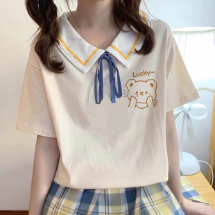 可爱海军领初中学生甜美上衣 翻领系带少女短袖 t恤衫 夏季 2025新款