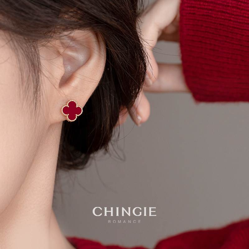 红色新年红玛瑙耳环女轻奢高级感复古过年耳饰气质大气耳夹无耳洞