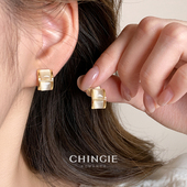 法式 复古香槟金猫眼石耳环方块耳夹无耳洞高级感轻奢简约通勤耳钉