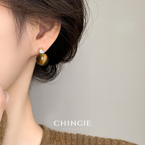 美拉德虎眼石珍珠耳环