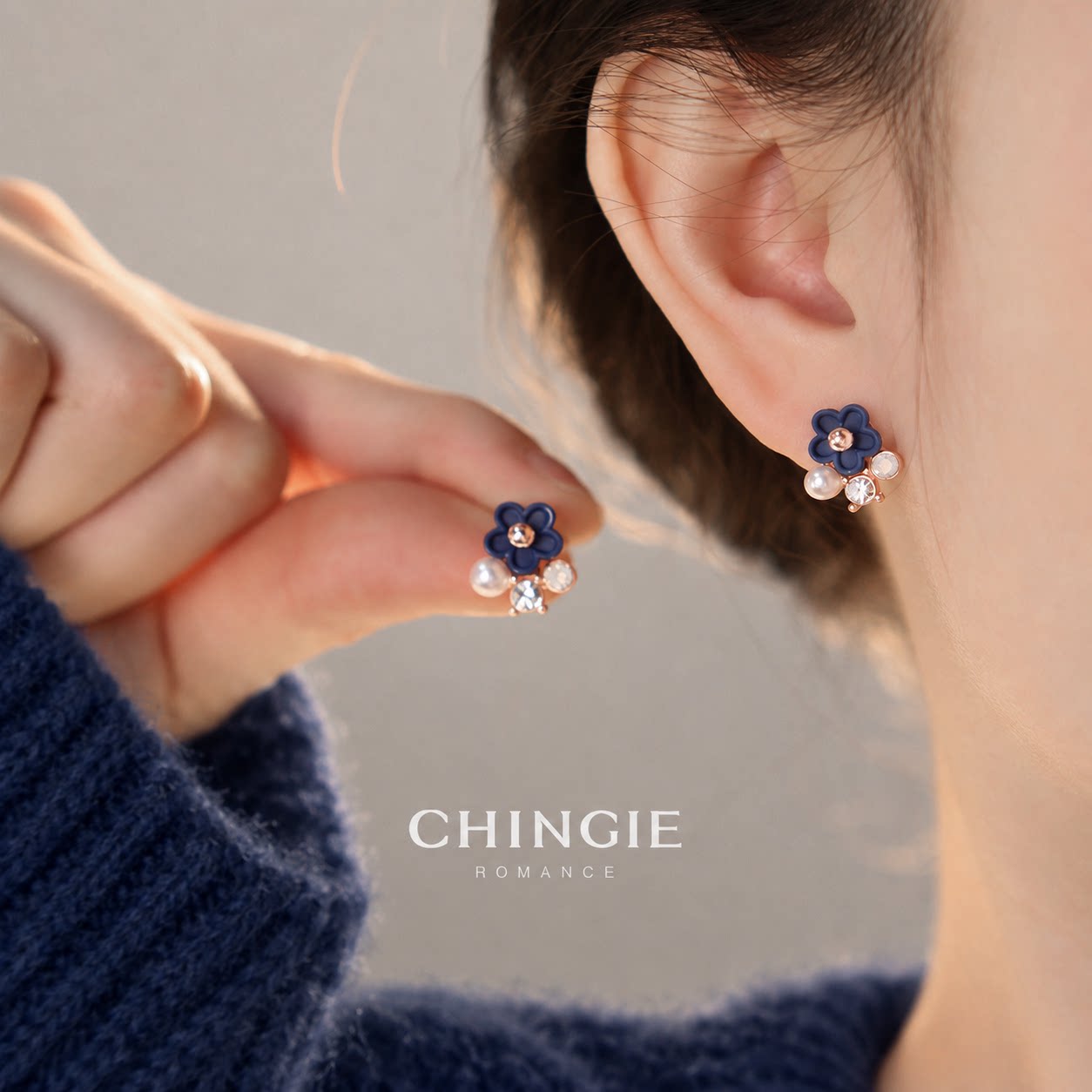 青芥chingie蓝色花朵耳夹蚊香盘无洞高级感耳饰甜美可爱耳钉耳环