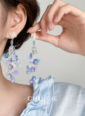 花束风铃蓝色紫色耳饰海边度假风适合夏天戴的耳钉独特漂亮耳夹女