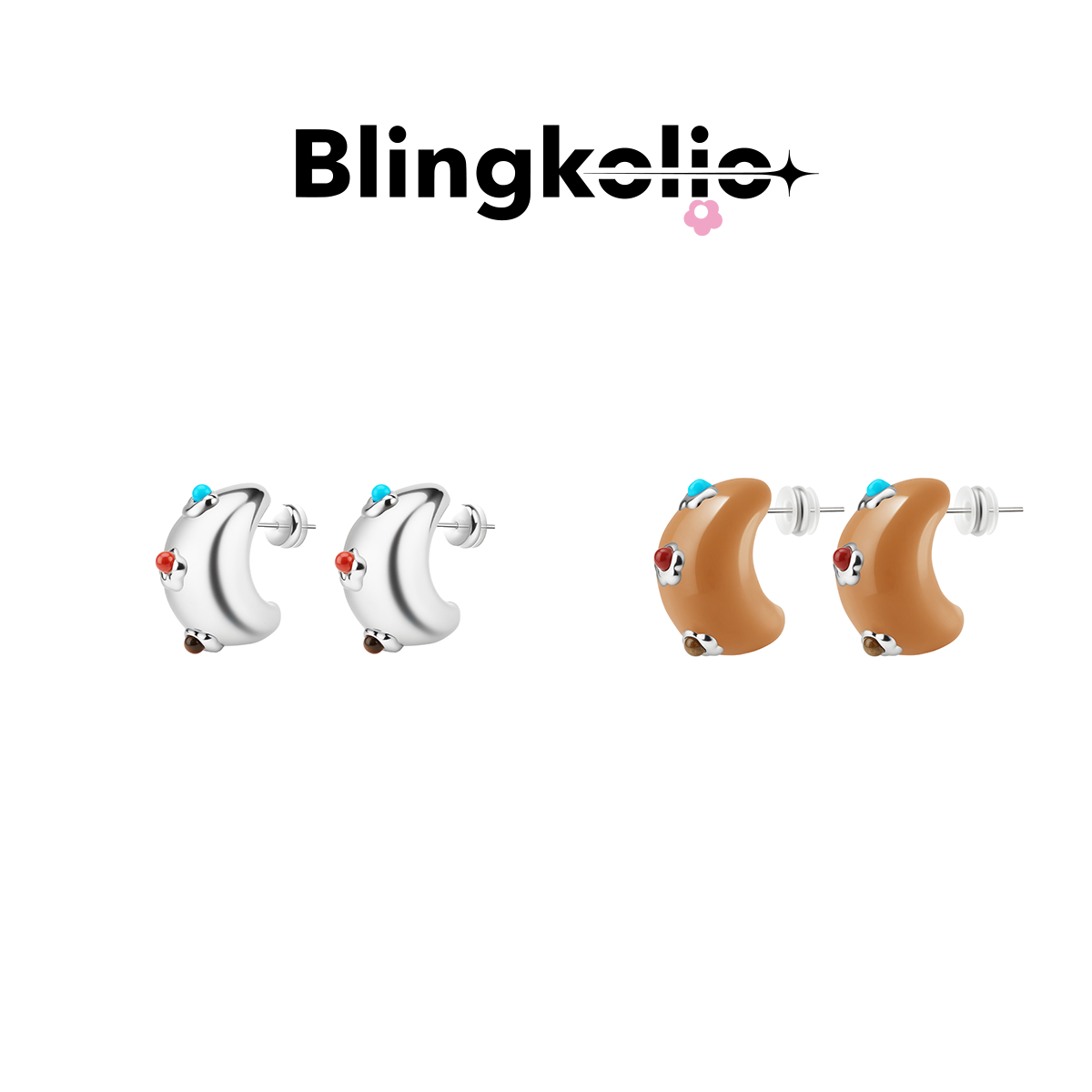 Blingkolio不另可铜镀钯银针红玛瑙虎眼石浮雕小花天然石耳钉棕色