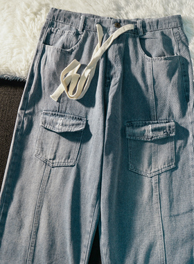 直筒工装牛仔裤男款美式潮牌多口袋宽松裤子水洗复古高街休闲长裤