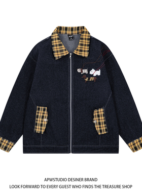 美式格子拼接翻领牛仔外套女春秋季小众设计感vintage夹克上衣潮