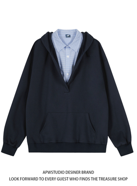 APWSTUDIO美式学院风假两件衬衫领连帽卫衣男女秋季设计感上衣潮