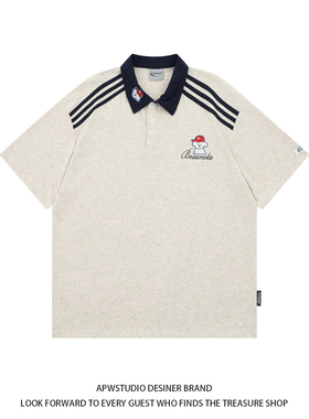 美式慵懒风撞色三条杠翻领短袖polo衫女夏季宽松休闲情侣半袖t恤