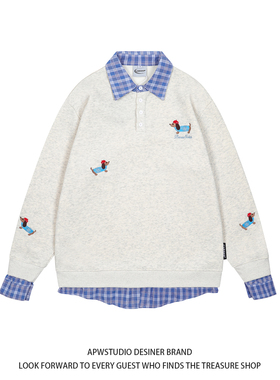 APWSTUDIO美式小狗刺绣格子卫衣女学院风假两件宽松情侣套头上衣