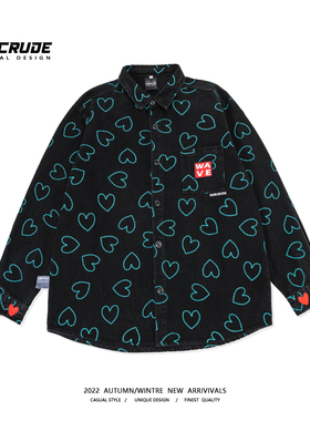 美式爱心印花上衣寸衫外套春秋长袖衬衣高街潮牌休闲工装衬衫男女